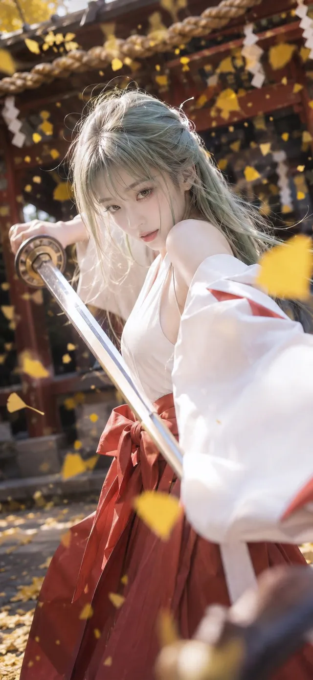 银发巫女红袴持刀秋叶美女手机壁纸