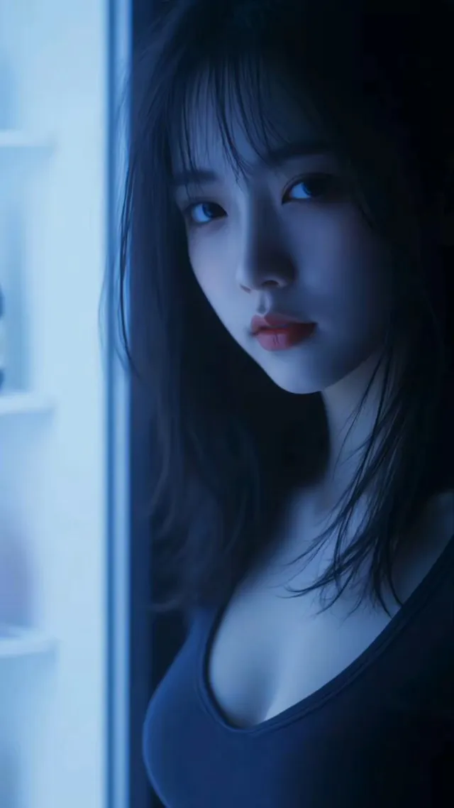 蓝调光影少女凝视窗边手机壁纸