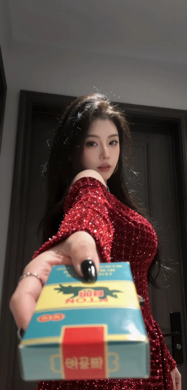 红亮片裙手递烟盒酷飒美女手机壁纸