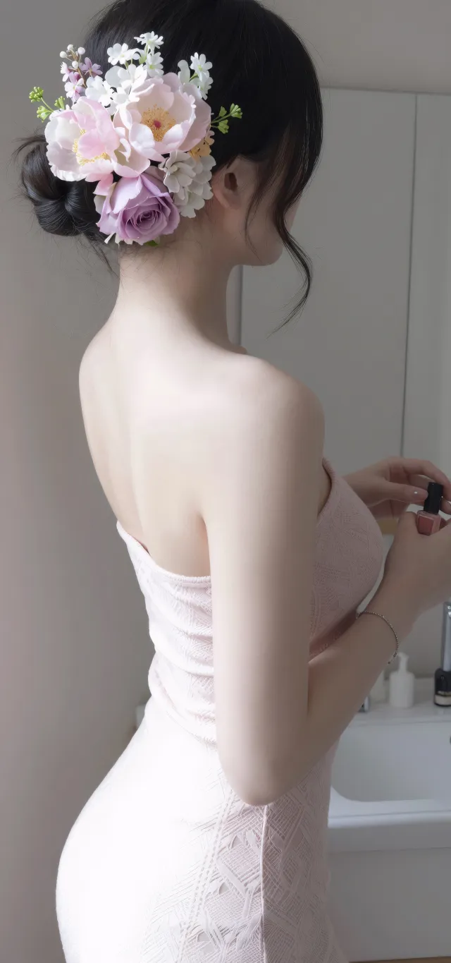 美女盘发戴花穿粉裙涂指甲人物手机壁纸