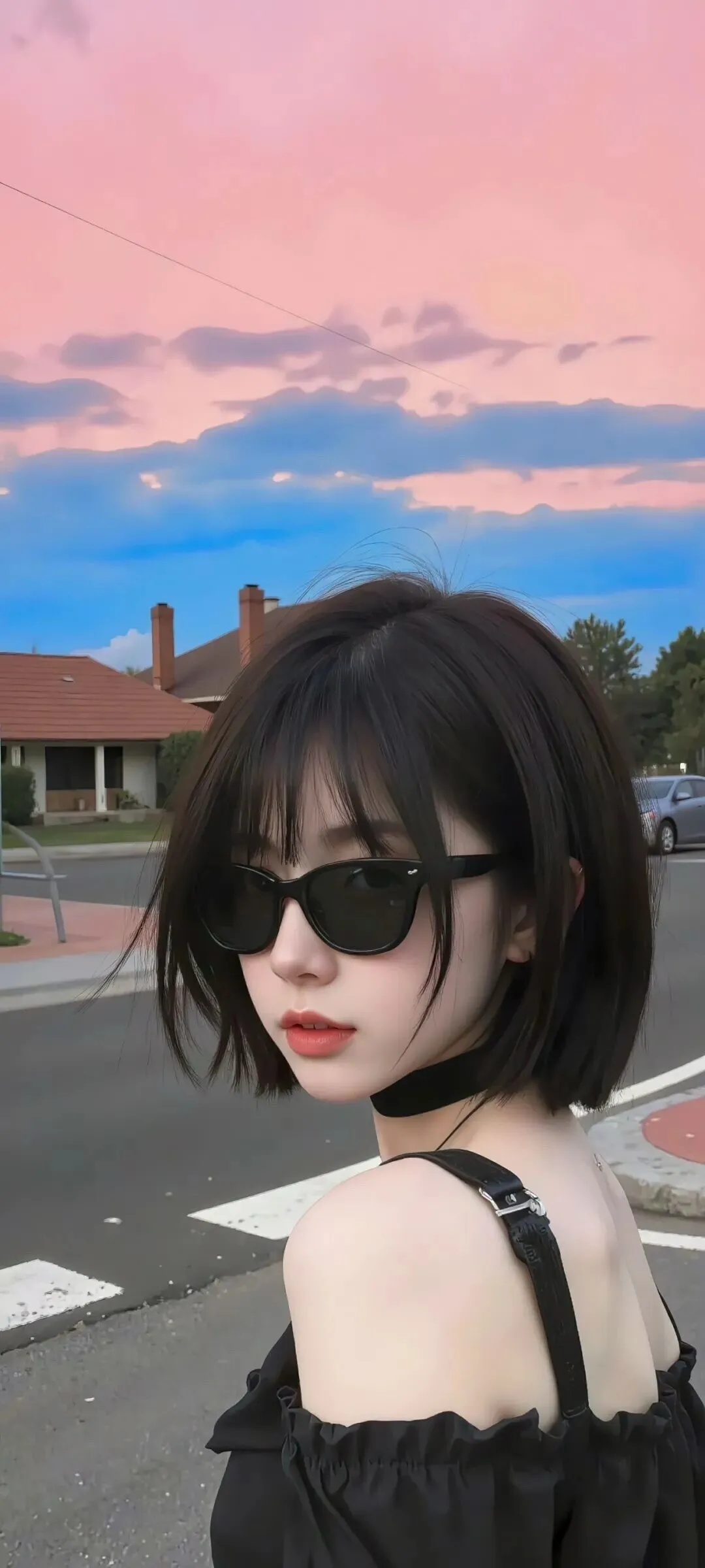 黑色露肩上衣美女墨镜造型街头写真美女手机壁纸