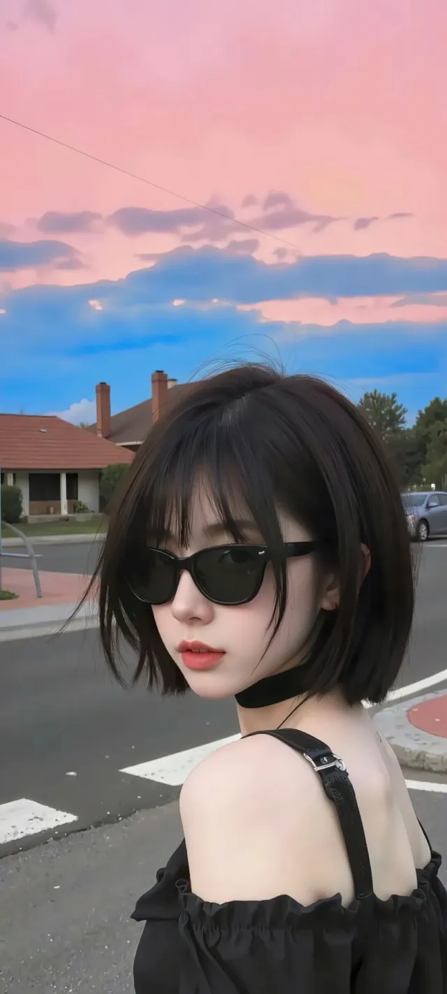 黑色露肩上衣美女墨镜造型街头写真美女手机壁纸