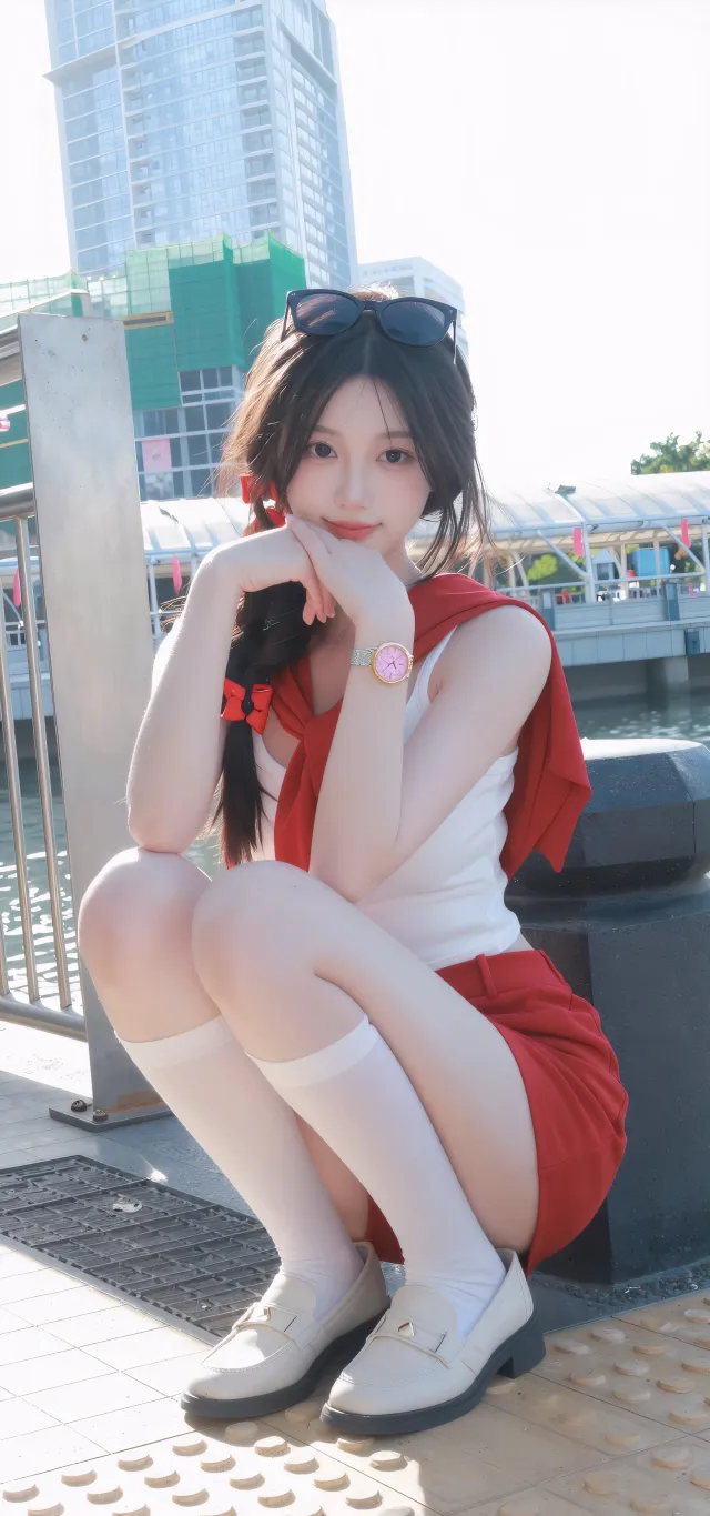 美女红裙白袜蹲坐城市摄影手机壁纸