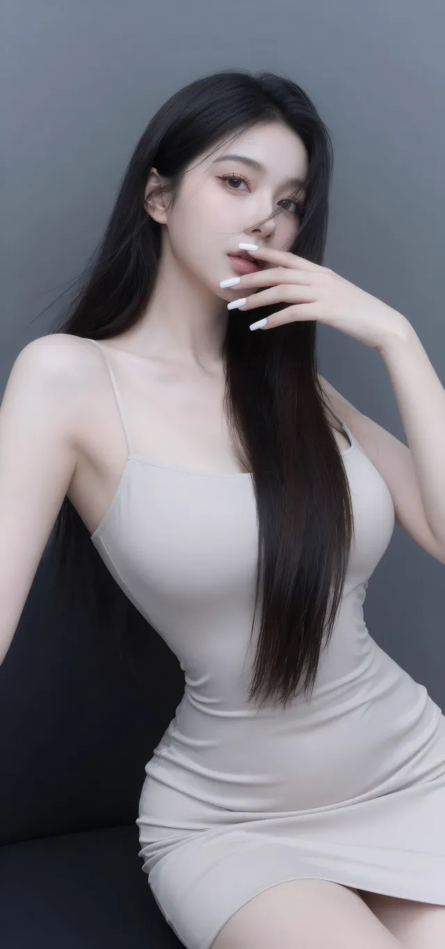 灰色吊带裙美女简约灰墙时尚摄影手机壁纸
