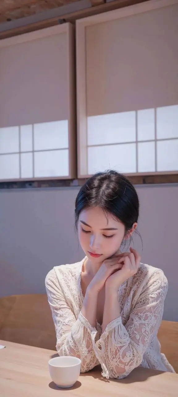 日系少女蕾丝上衣静坐茶桌手机壁纸