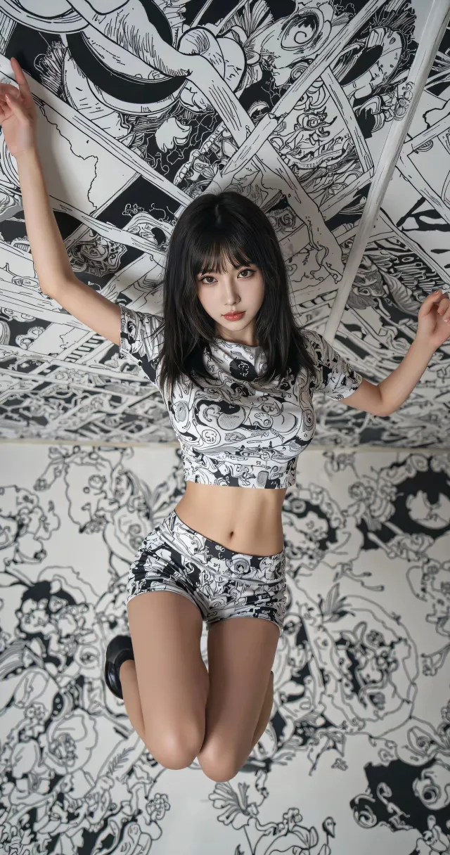 美女黑白漫画风套装跪姿伸展双臂艺术感人物摄影手机壁纸