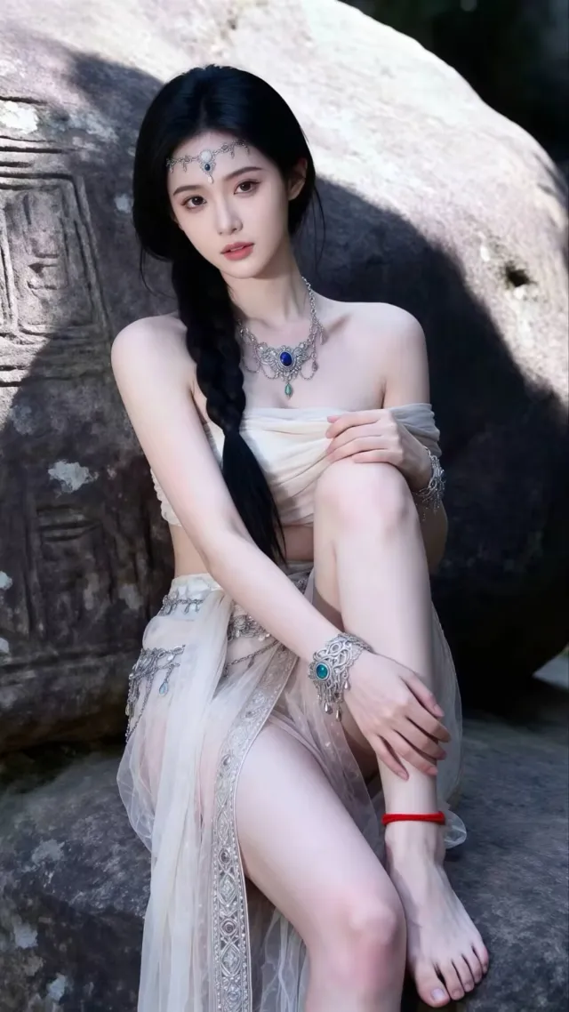 黑发美女异域风银饰头链米色纱裙岩石背景神秘风格人物手机壁纸