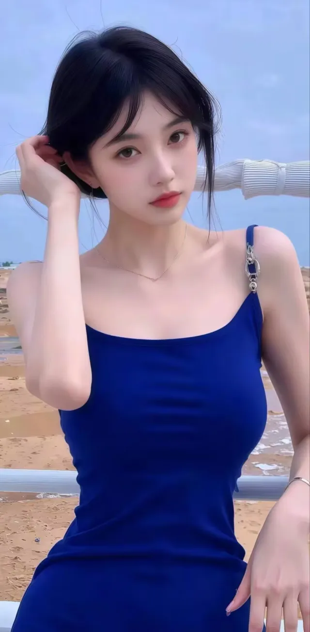 黑发美女穿蓝吊带裙站沙滩整理头发人物手机壁纸