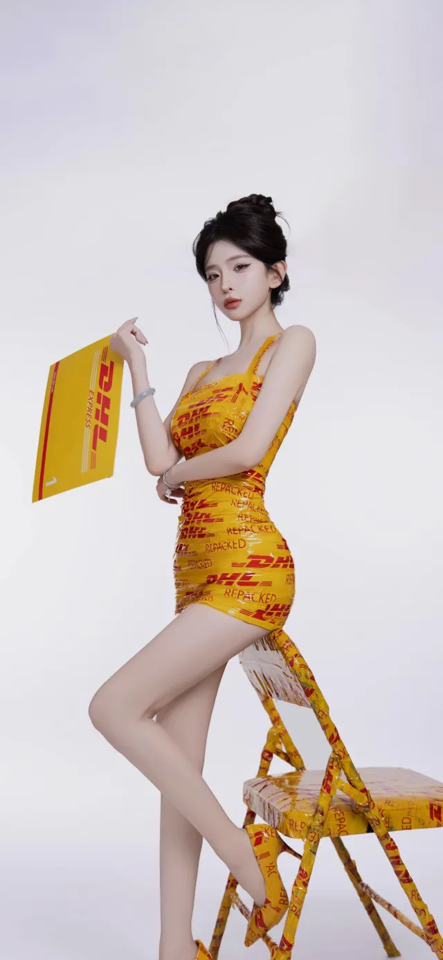 DHL快递主题黄色印花连衣裙模特坐椅手持包裹手机壁纸