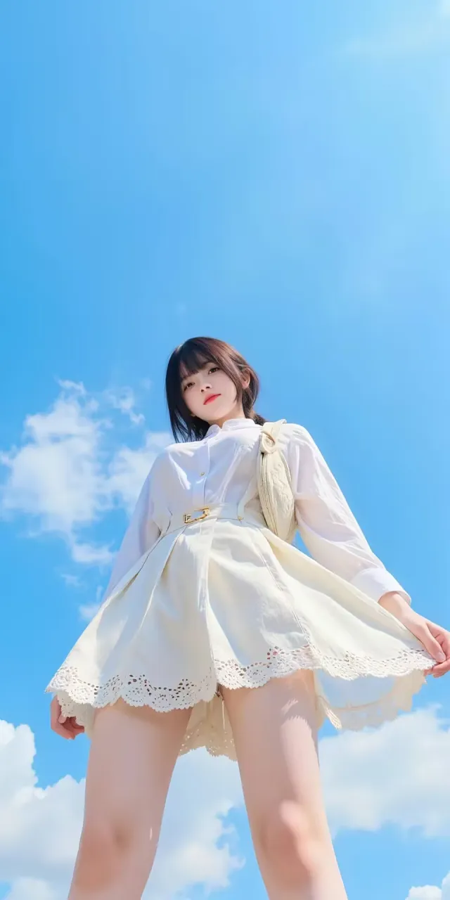 蓝天白裙少女手机壁纸