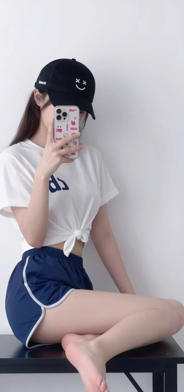 笑脸棒球帽白衣短裙美女手机壁纸