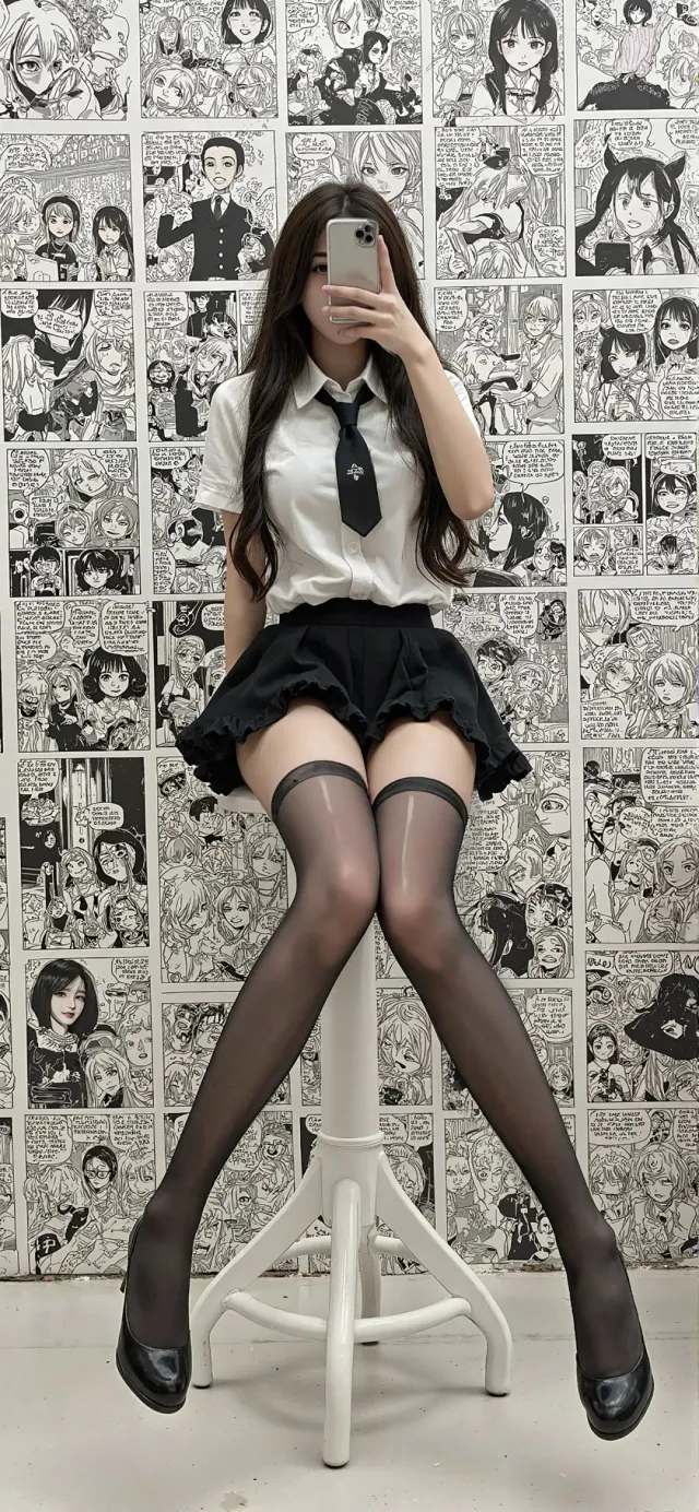 漫画墙前制服少女自拍手机壁纸