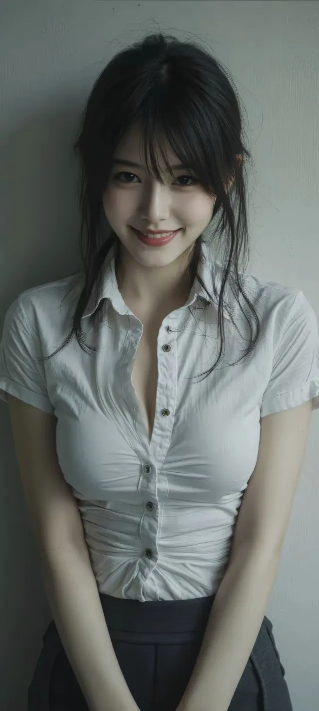 白衬衫深领微笑气质清纯美女手机壁纸