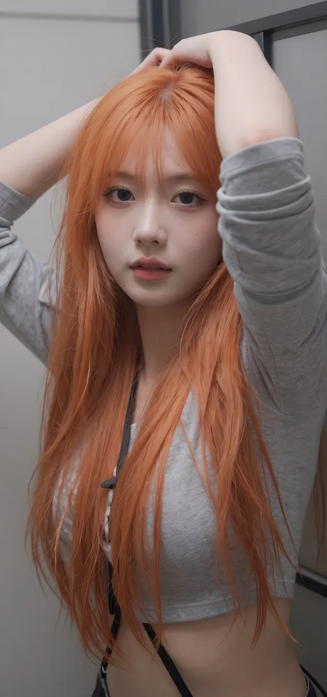 橙色长发灰衣美女撩发特写时尚人物摄影手机壁纸