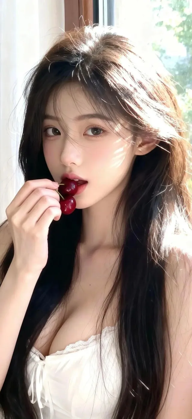 白色蕾丝吊带美女手持樱桃阳光写真美女手机壁纸