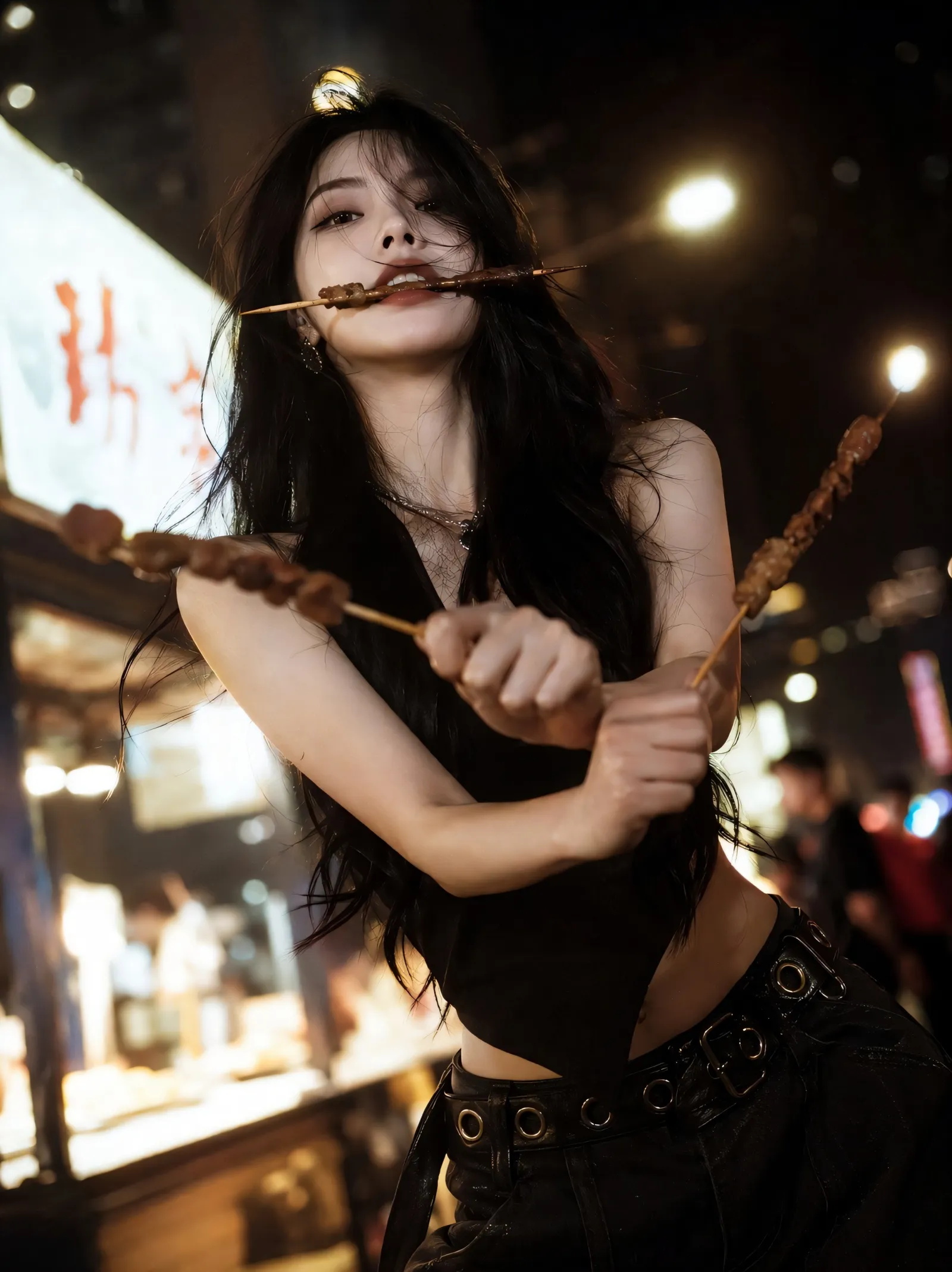 黑色吊带美女夜市吃烤串酷飒风格美女手机壁纸