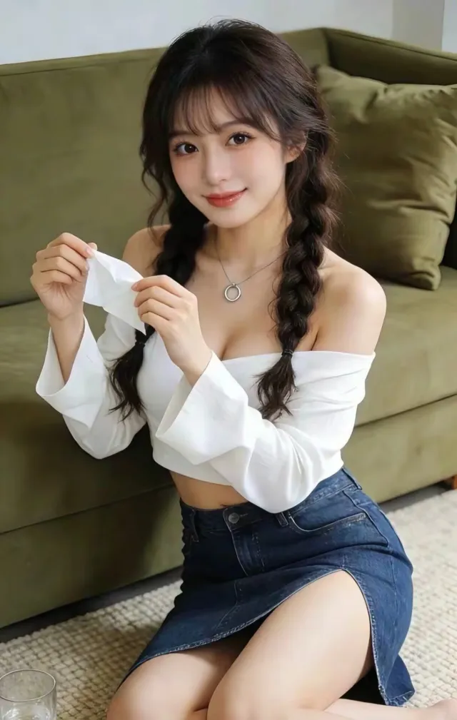 白上衣牛仔裙美女双马尾沙发写真手机壁纸