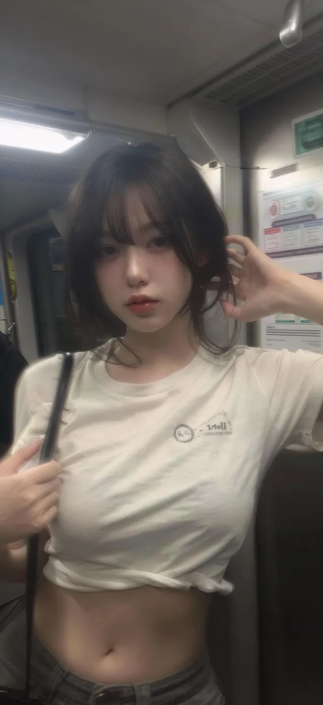 地铁车厢白衣露腰刘海美女街拍人物手机壁纸