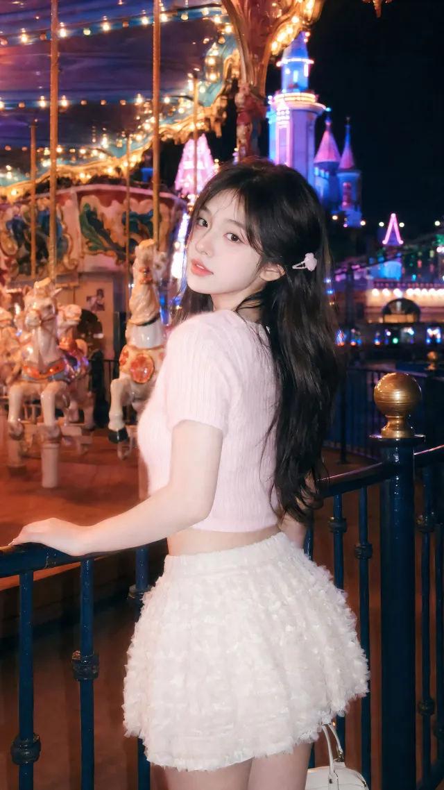美女游乐园旋转木马前回眸浅笑梦幻夜景人物摄影手机壁纸