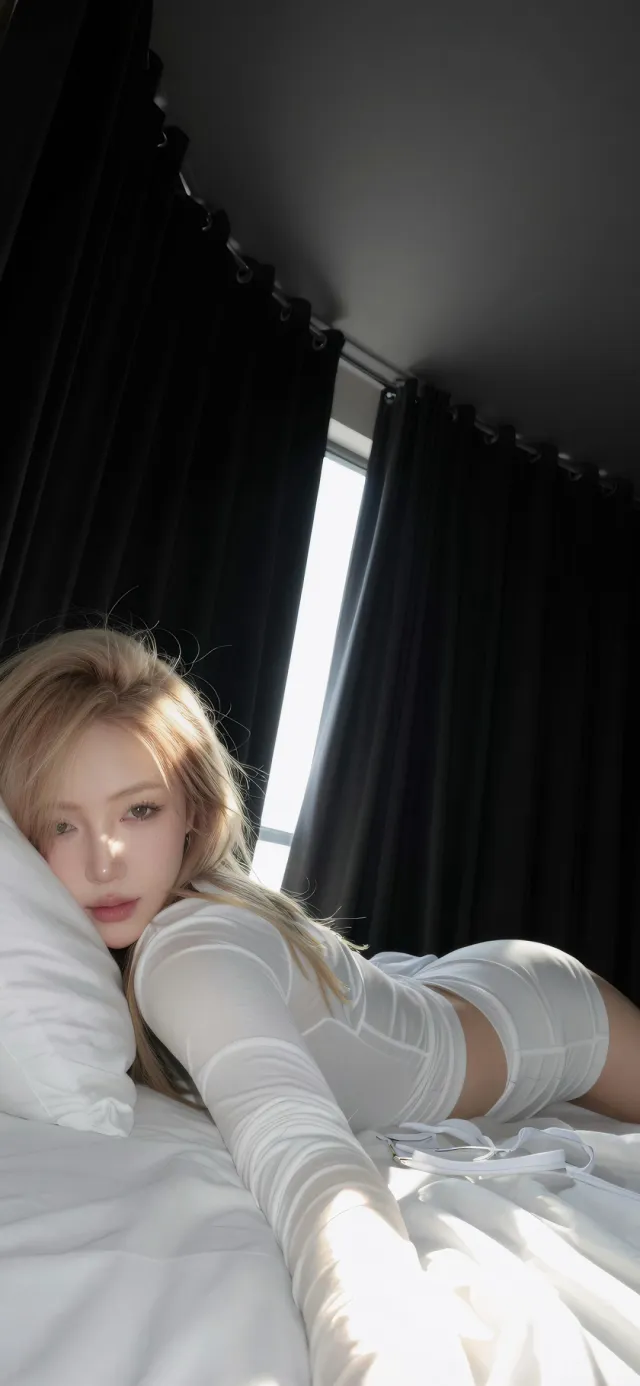 金发女性白色紧身衣床上光影氛围人物手机壁纸