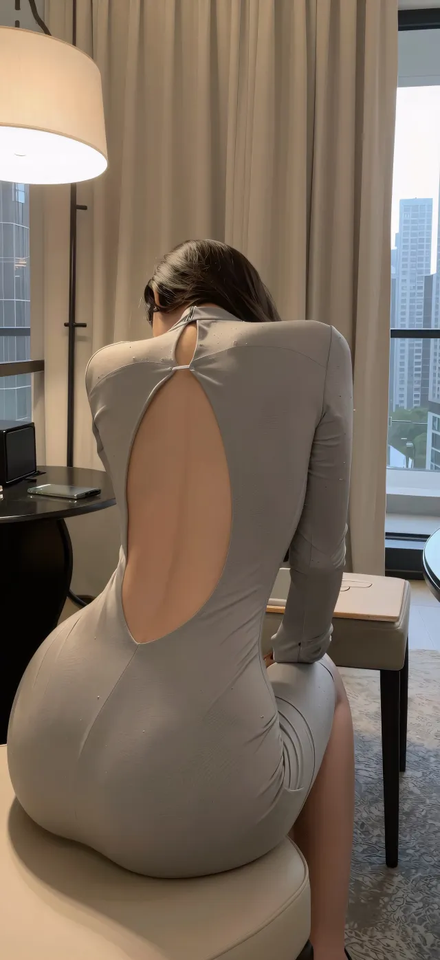 长发美女灰色露背裙窗景都市背影人物手机壁纸