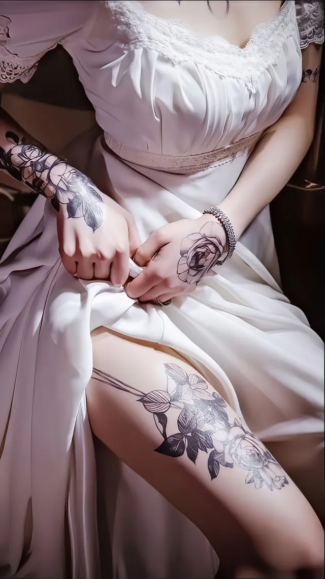 白色蕾丝礼服玫瑰纹身女性优雅坐姿手机壁纸