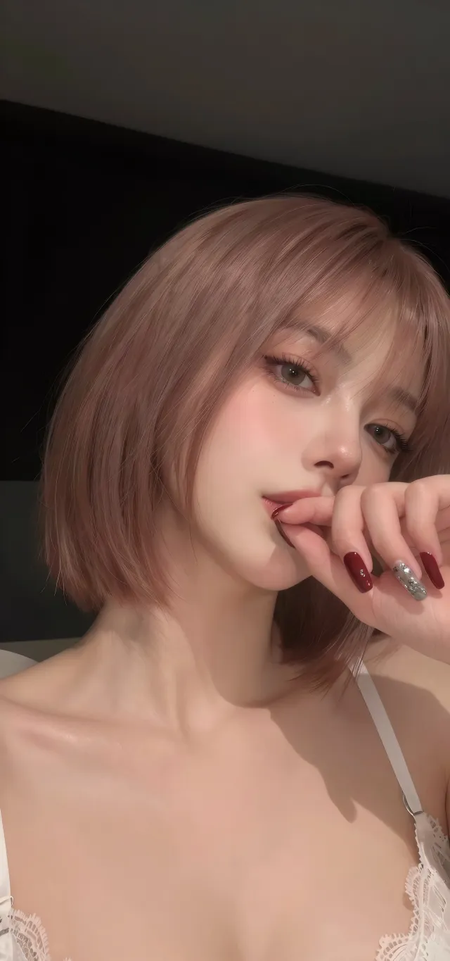 粉棕短发美女白蕾丝吊带咬指特写人物摄影手机壁纸