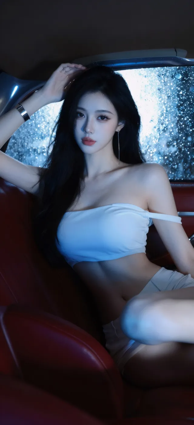 白抹胸少女车内雨夜氛围感手机壁纸