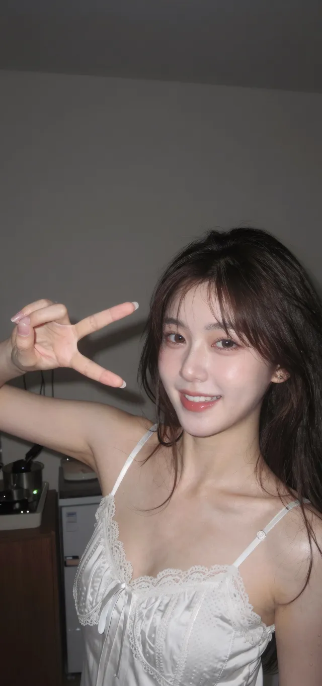 白吊带比耶美女清新居家自拍美女手机壁纸