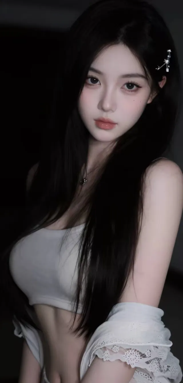 白蕾丝袖上衣长发美女暗光写真手机壁纸