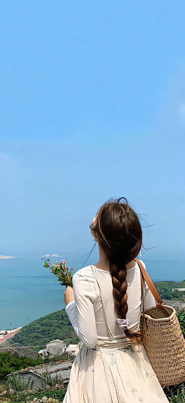白裙麻花辫女生海边持花背影清新人物手机壁纸