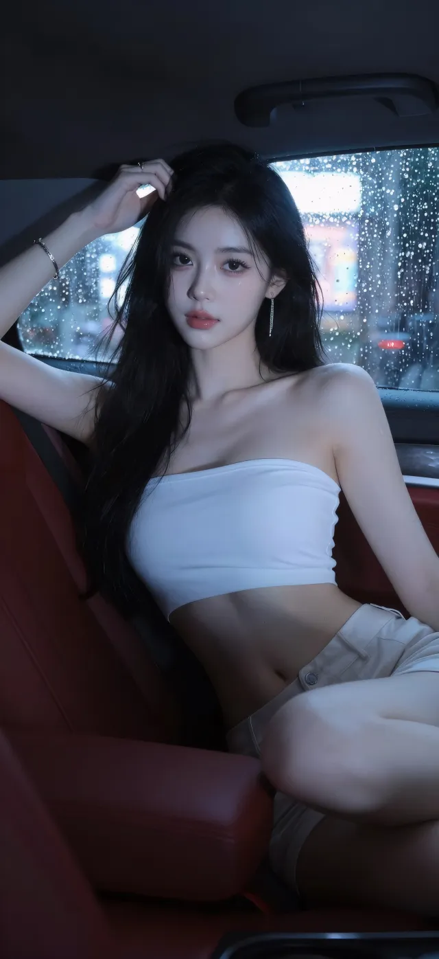 雨夜车内红座椅美女白抹胸短裤人像手机壁纸