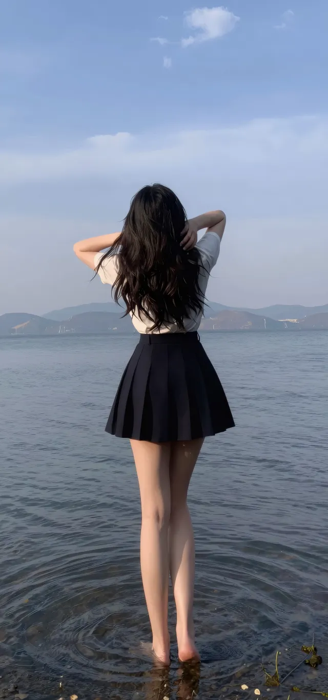 黑裙少女海边踏浪背影唯美清新人像摄影人物手机壁纸