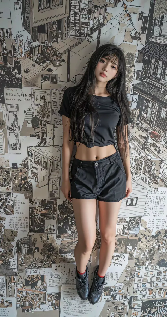 美女黑色露脐短袖短裤站立漫画墙前潮流人物摄影手机壁纸
