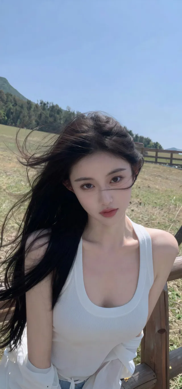 美女白色背心户外草地自然风吹发丝清新人物摄影手机壁纸