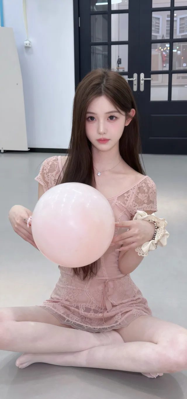 棕发美女粉裙抱气球甜美可爱人像手机壁纸