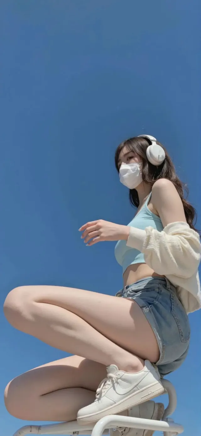 蓝天背景下戴口罩耳机少女坐椅休闲风手机壁纸