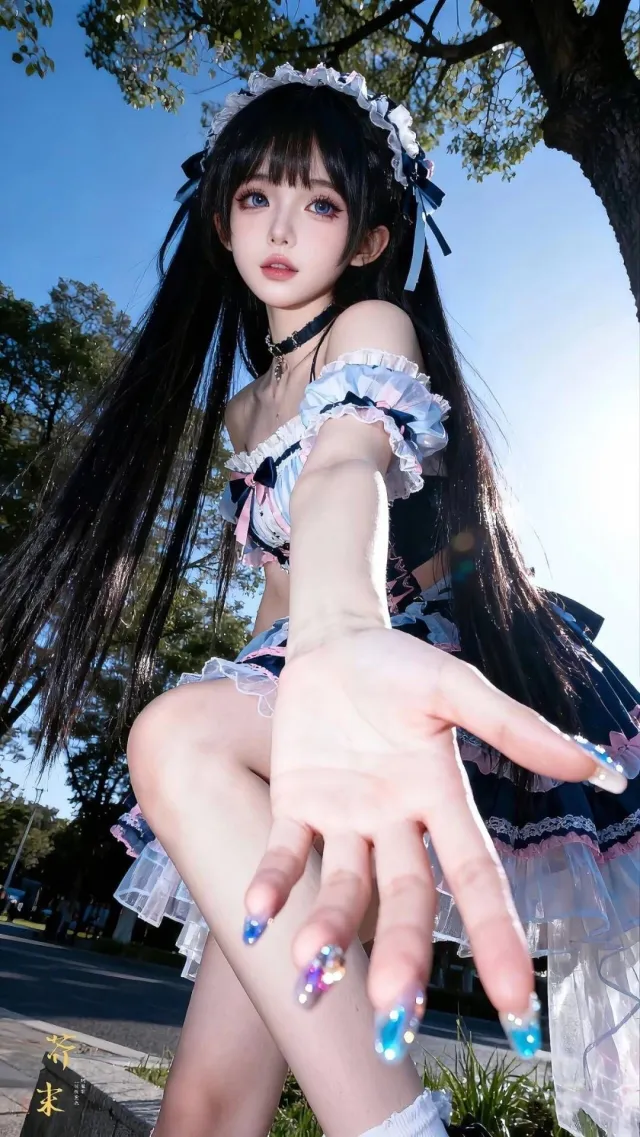 蓝黑洛丽塔伸手仰拍美女手机壁纸