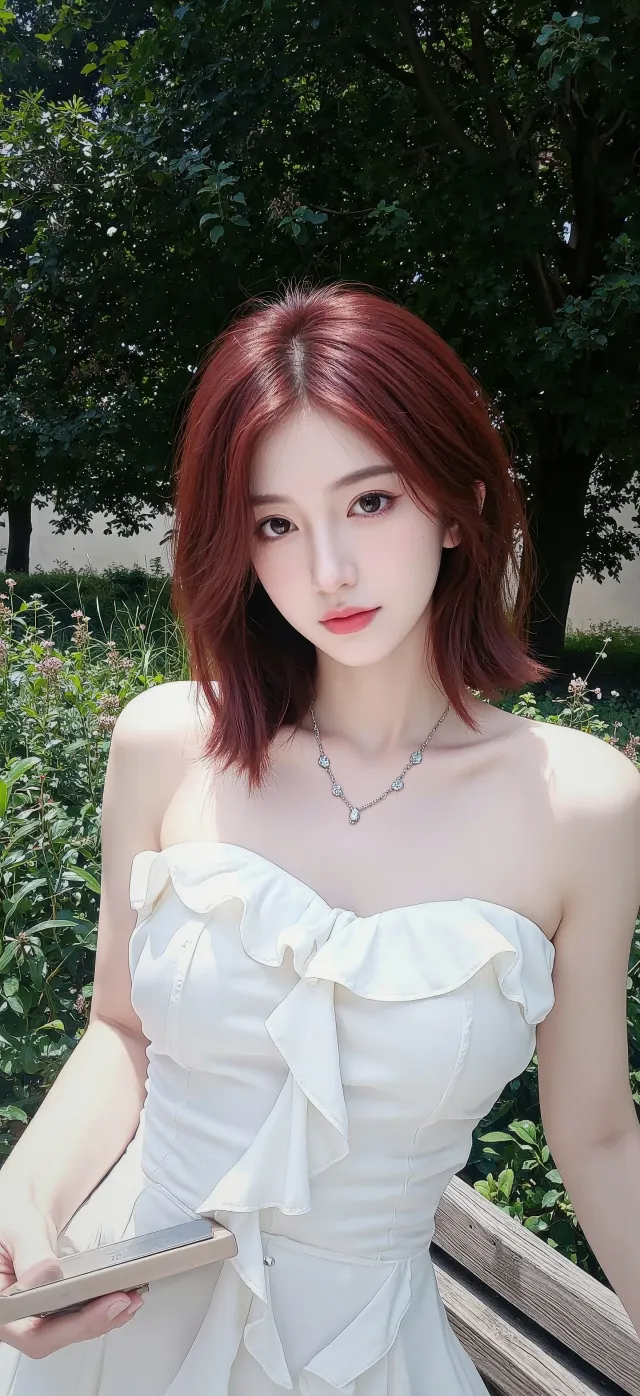 红发美女白裙花园侧颜温柔人物摄影手机壁纸