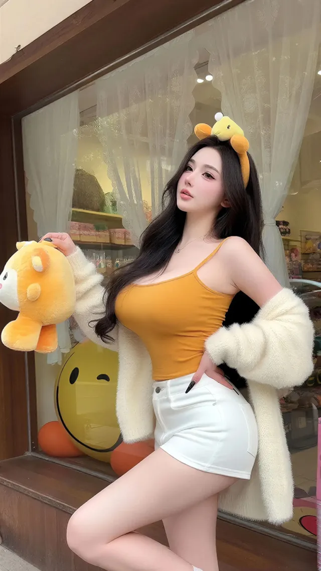 橘色吊带玩偶街拍甜美可爱美女手机壁纸