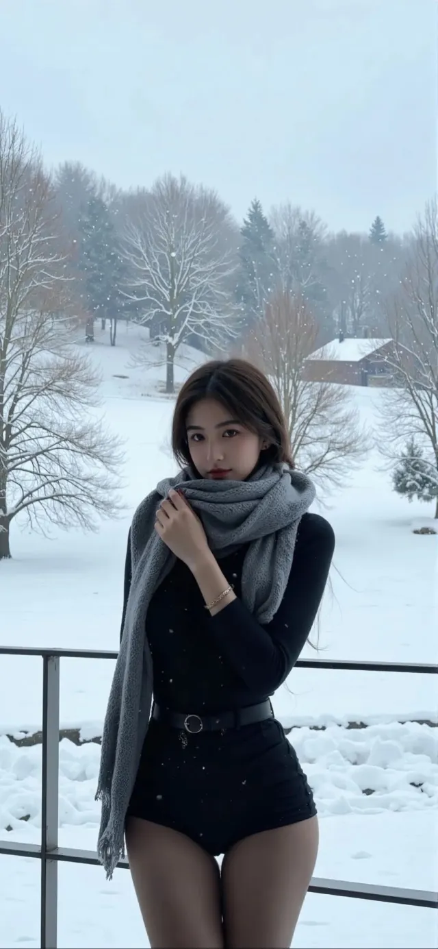 雪地黑衣女性灰色围巾冬季户外写真手机壁纸