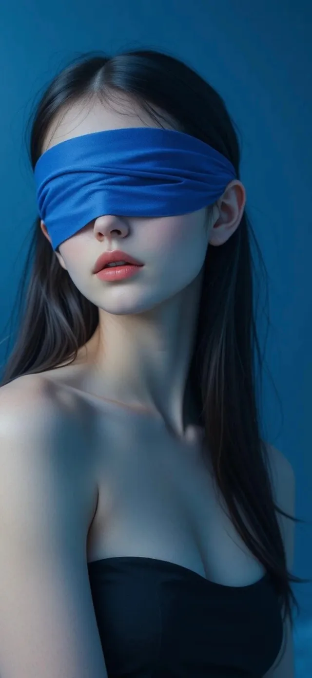 蒙眼黑裙女子蓝色背景神秘优雅人物手机壁纸
