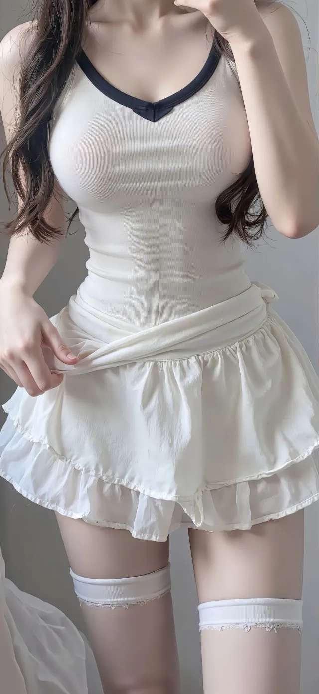 米白背心短裙少女吊袜带清新甜美手机壁纸