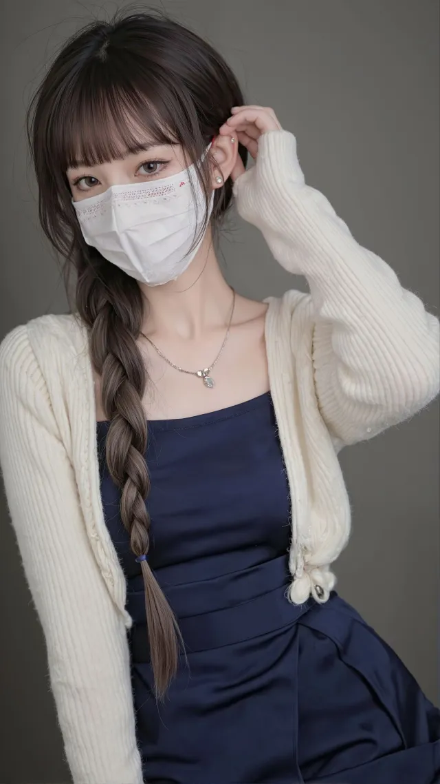 口罩麻花辫针织衫气质美女手机壁纸