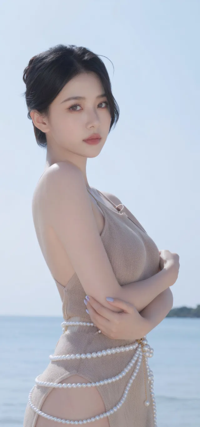 海边美女珍珠装饰时尚人物摄影手机壁纸