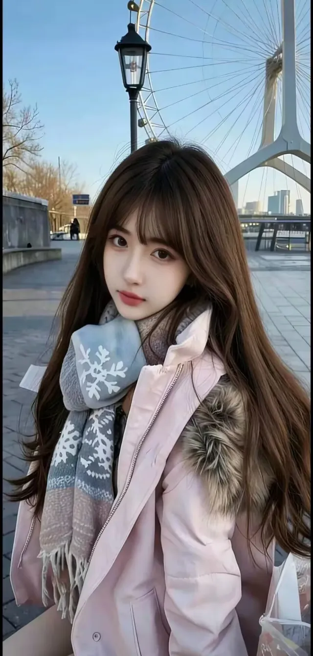 美女粉色毛领外套雪花围巾摩天轮前冬日街拍人物手机壁纸