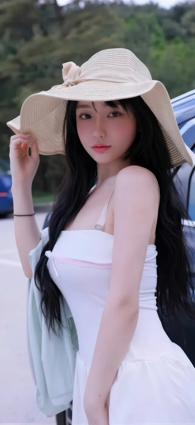 长发美女戴草帽白裙浅绿外套暖粉人物摄影手