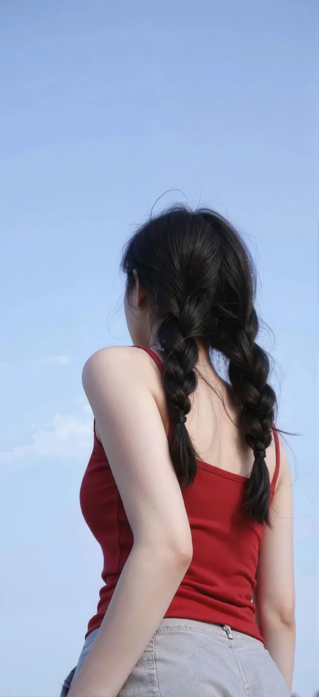红衣少女双麻花辫背影蓝天清新人物摄影手机壁纸