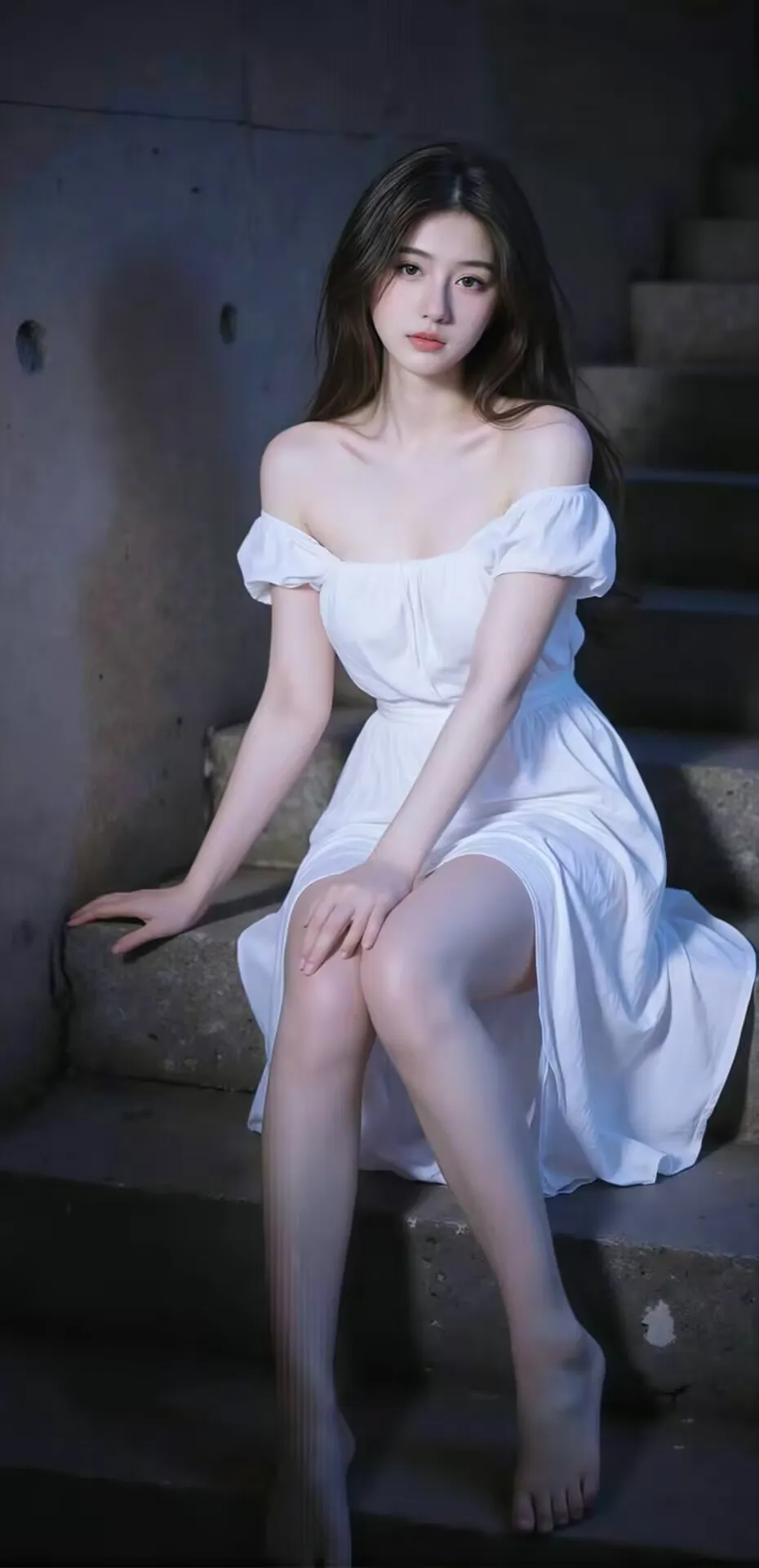 美女白裙坐台阶清冷光影人像摄影人物手机壁纸