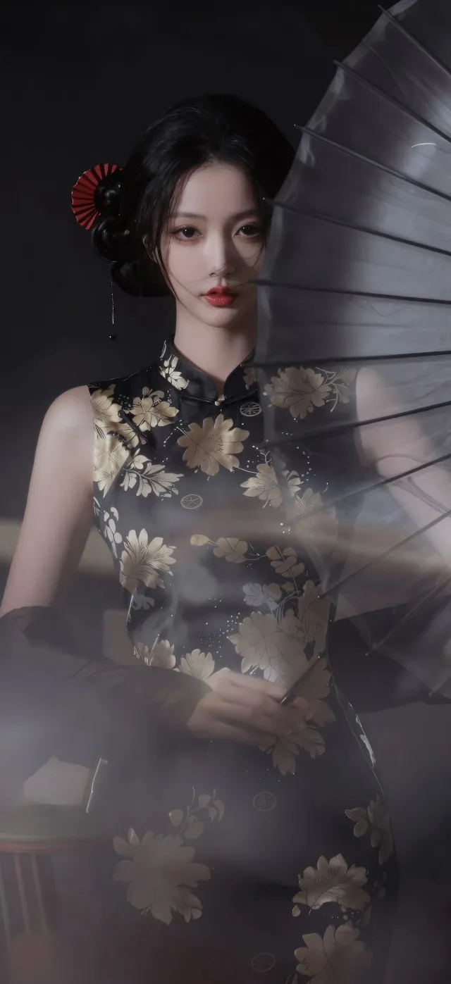 黑底金花旗袍红扇古典美人持伞人物手机壁纸